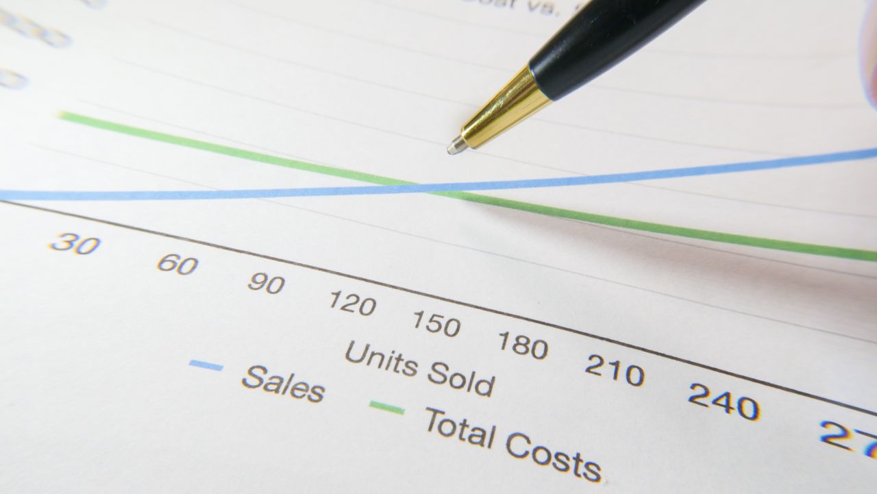 our-experience A pen pointing to a financial graph showing sales and total costs.